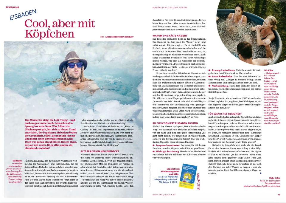 Doppelseite des Kneipp Magazins über Eisbaden mit Daniel Fetz