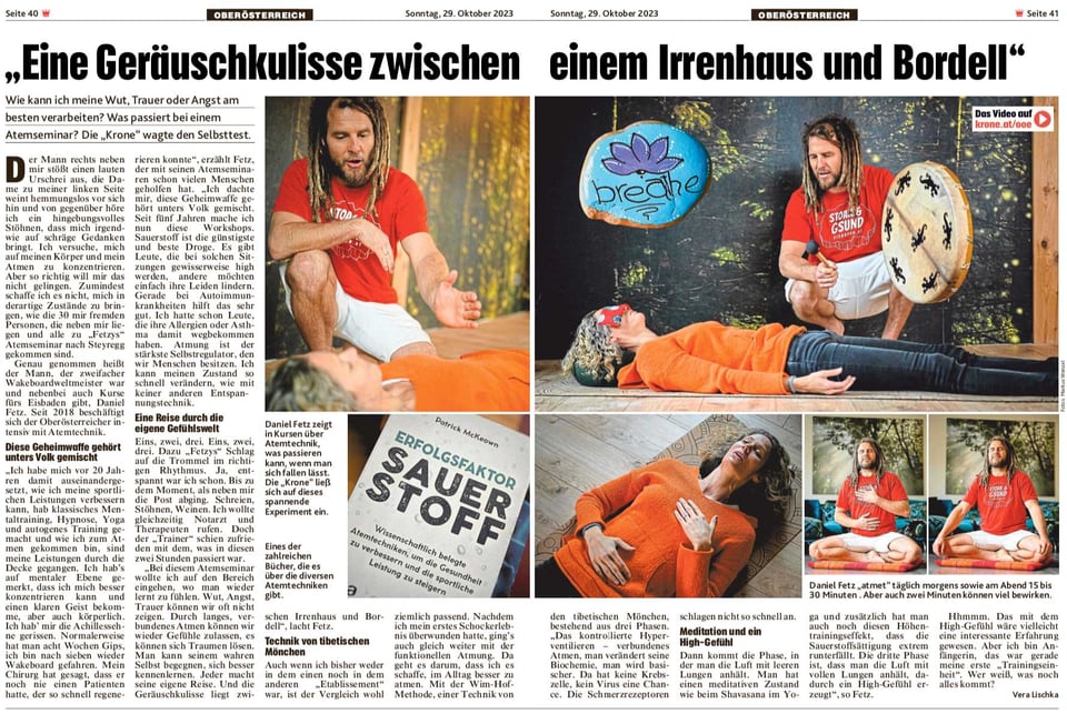 Doppelseite der Kronen Zeitung über ein Atemseminar mit Daniel Fetz